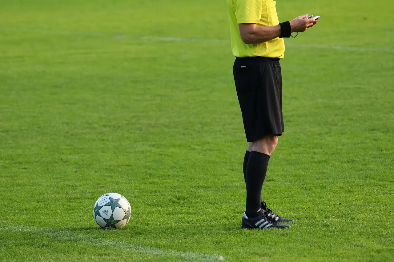 Fodbolddommer og bold på banen